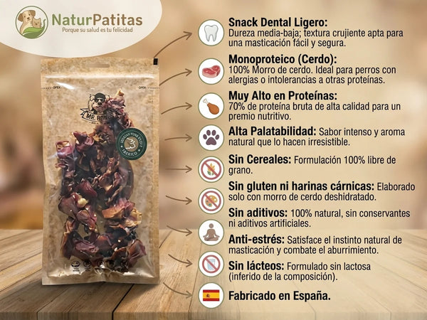Snack Complementario Funcional Deshidratado Morro de Cerdo Ibérico SIN CEREALES + PROTEÍNA PREMIUM y SALUD DENTAL para Perro cualquier edad y tamaño