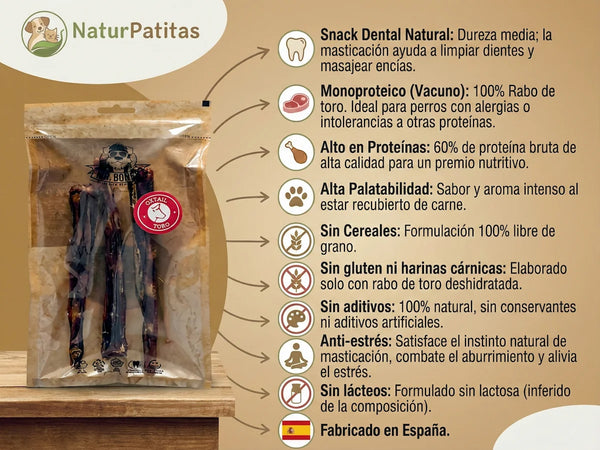 Snack Complementario Funcional Deshidratado Rabo de Toro SIN CEREALES + PROTEÍNA PREMIUM y SALUD DENTAL para Perro Junior/Adulto/Senior Mediano/Grande