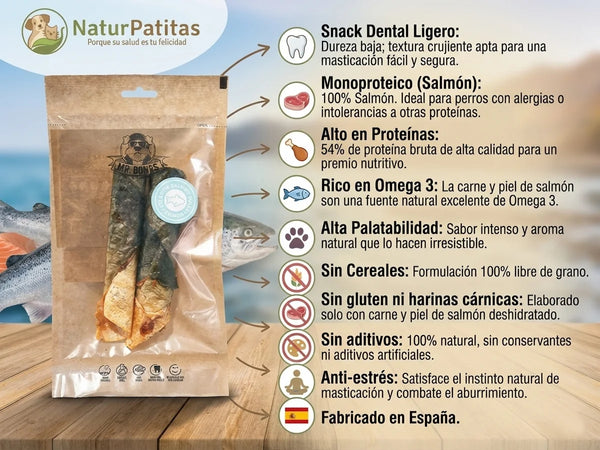 Snack Complementario Funcional Deshidratado Rollitos de Salmón SIN CEREALES + PIEL y PELO AVANZADO y PROTEÍNA PREMIUM para Perro cualquier edad y tamaño