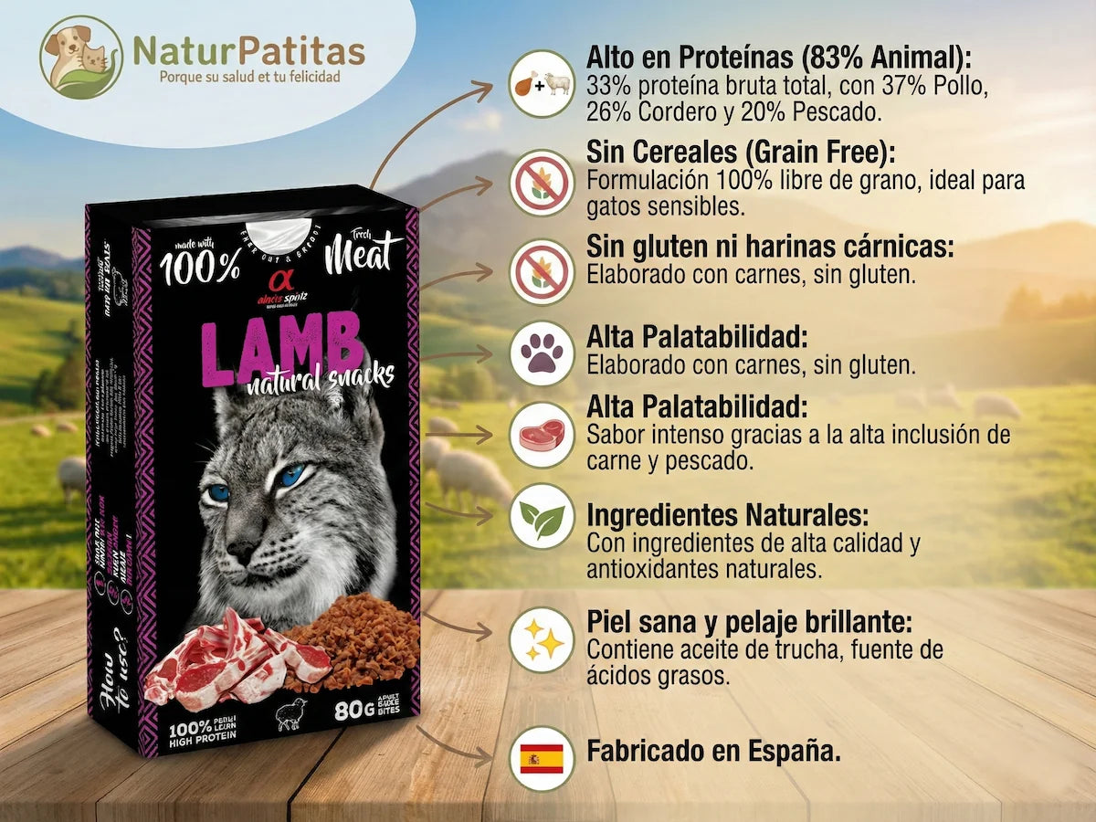 Snack semi-húmedo natural de Pollo, Cordero y Pescado para Gato sin cereales