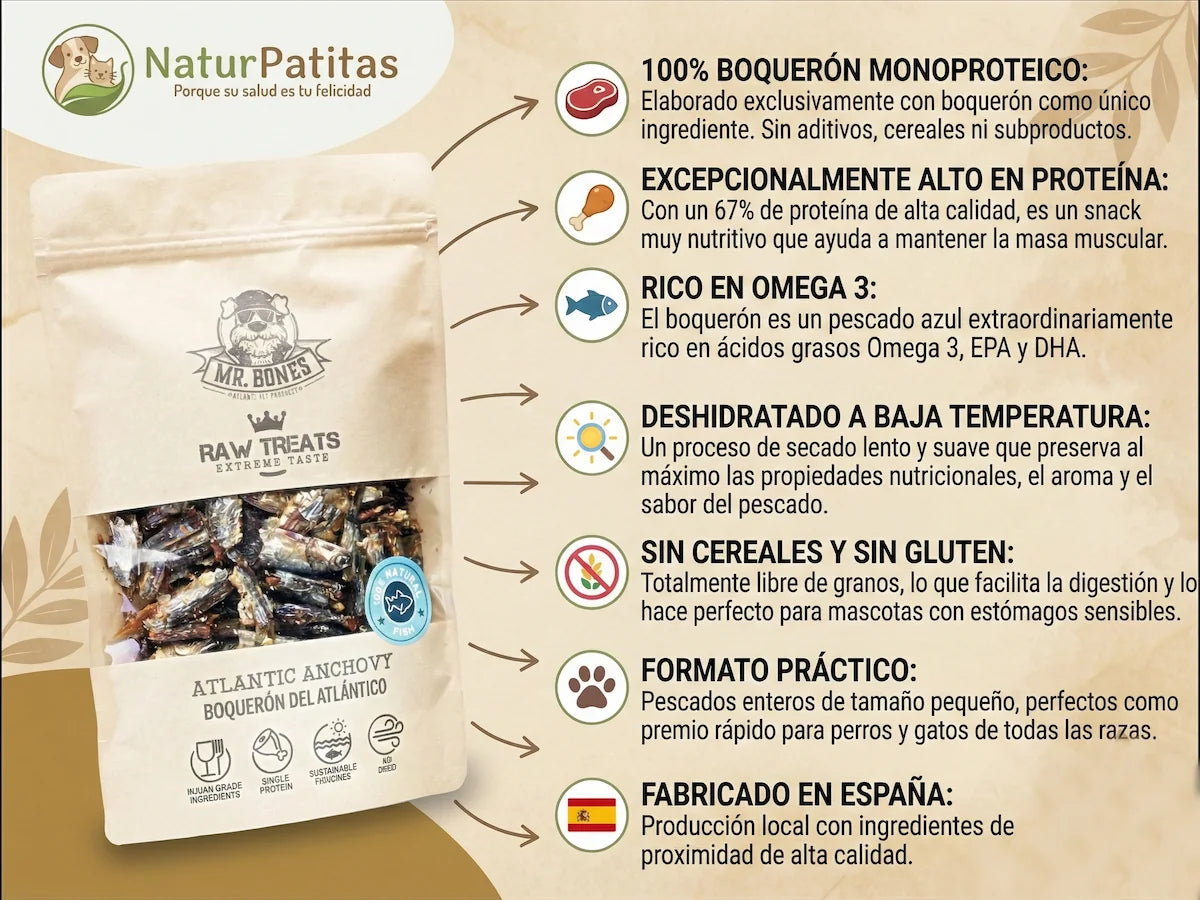 Snack natural de 100% Boquerón deshidratado para Perro y Gato rico en Omega 3