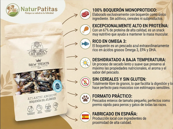 Snack Complementario Funcional Deshidratado de Boquerón SIN CEREALES + PROTEÍNA PREMIUM y SOPORTE ARTICULAR para Perro y Gato (también Esterilizado)
