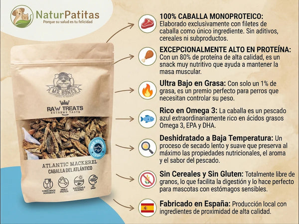 Snack Complementario Funcional Deshidratado de Caballa SIN CEREALES + PROTEÍNA PREMIUM y CONTROL DE PESO ACTIVO para Perro y Gato(también Esterilizado)