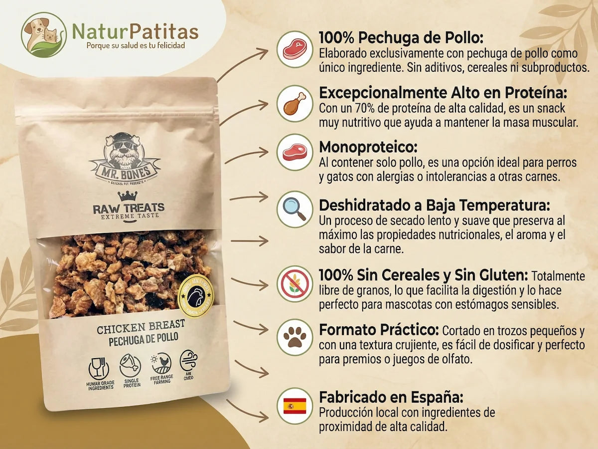Snack natural de 100% Pechuga de Pollo deshidratada para Perro y Gato