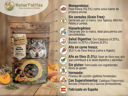 Snack natural horneado de Pavo fresco, Calabaza y Quinoa para Perro