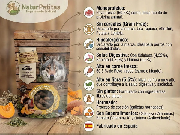 Snack Complementario Funcional Rosquillas Horneadas de Pavo, Calabaza, Boniato y Quinoa SIN CEREALES + SALUD DIGESTIVA para Perro Adulto/Senior (también Esterilizado) cualquier tamaño
