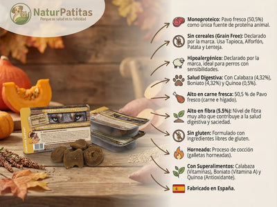 Snack natural horneado de Pavo fresco, Calabaza y Quinoa para Perro
