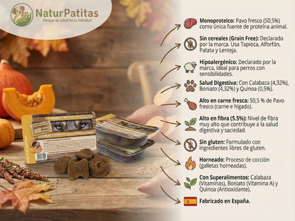 Snack natural horneado de Pavo fresco, Calabaza y Quinoa para Perro