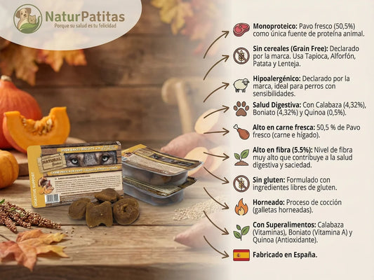 Snack natural horneado de Pavo fresco, Calabaza y Quinoa para Perro