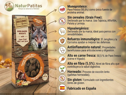 Snack natural horneado de Pavo fresco con Jengibre y Cúrcuma para Perro antiinflamatorio