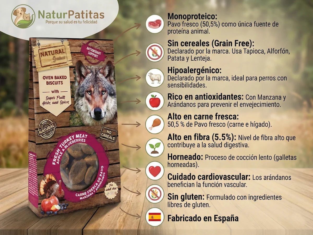 Snack natural horneado de Pavo fresco con Manzana y Arándanos para Perro rico en antioxidantes