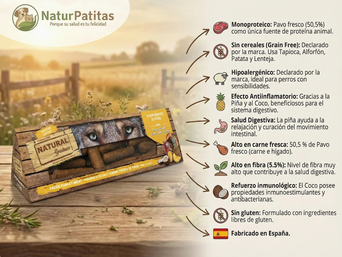 Snack natural horneado de Pavo fresco con Piña y Coco para Perro