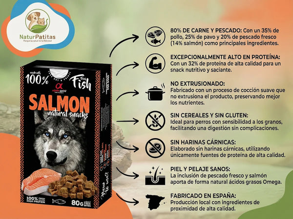 Snack Complementario Funcional Semihúmedo de Salmón SIN CEREALES + DIGESTIÓN SUAVE y PIEL Y PELO para Perro cualquier edad (también Esterilizado) y tamaño