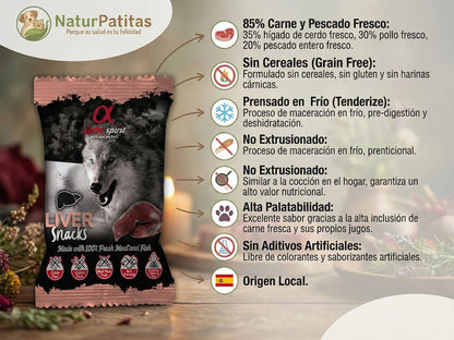 Snack semi húmedo de Hígado Pollo y Pescado para Perro sin cereales