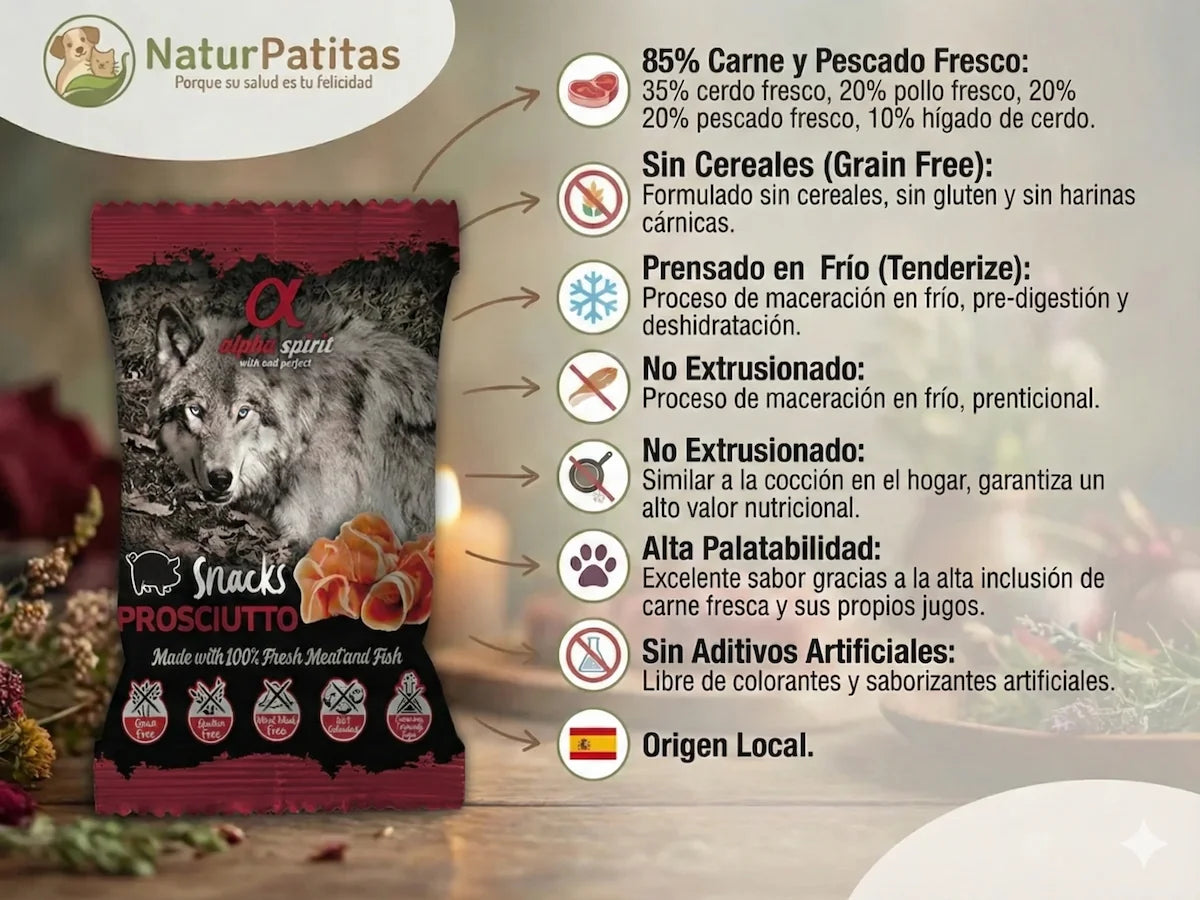 Snack semi húmedo de Cerdo, Pollo y Pescado para Perro con 85% carne fresca