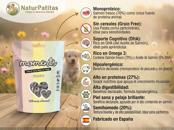 Snack Complementario Funcional de Salmón SIN CEREALES + DESARROLLO COGNITIVO y PIEL y PELAJE SANO para Perro Cachorro/Junior cualquier tamaño