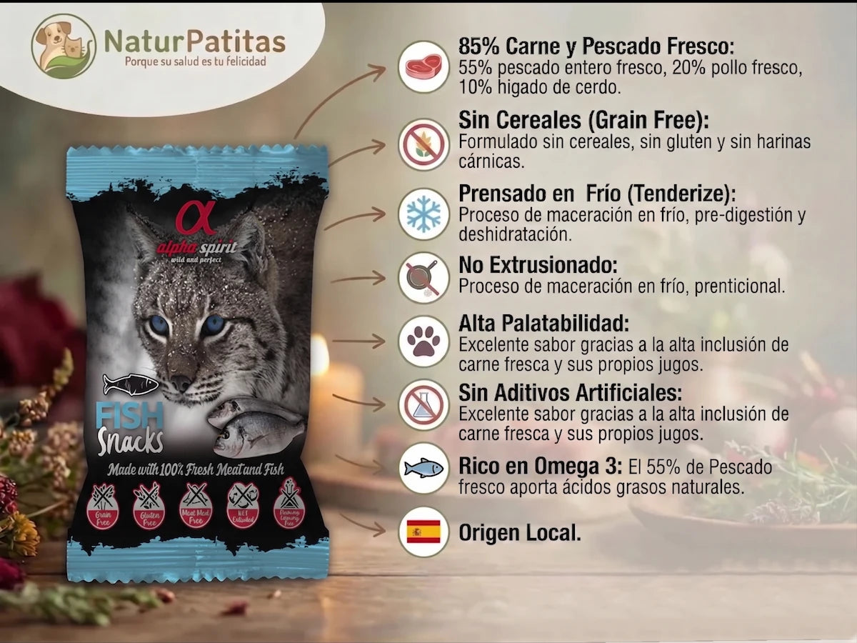 Snack semi húmedo de Pescado fresco y Pollo para Gato con 85% carne