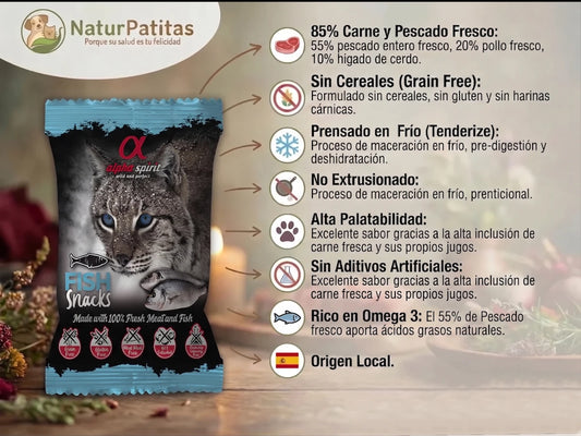 Snack semi húmedo de Pescado fresco y Pollo para Gato con 85% carne