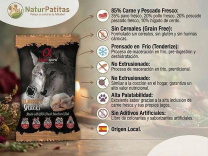 Snack semi húmedo de Pavo fresco, Pollo y Pescado para Perro con 85% carne