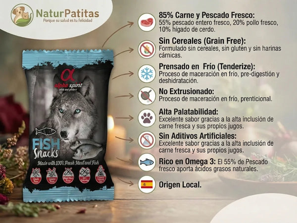 Snack Funcional Complementario de Pescado, Pollo e Hígado de Cerdo SIN CEREALES + DIGESTIÓN ÓPTIMA y VITALIDAD para Perro cualquier edad (también Esterilizado) y tamaño
