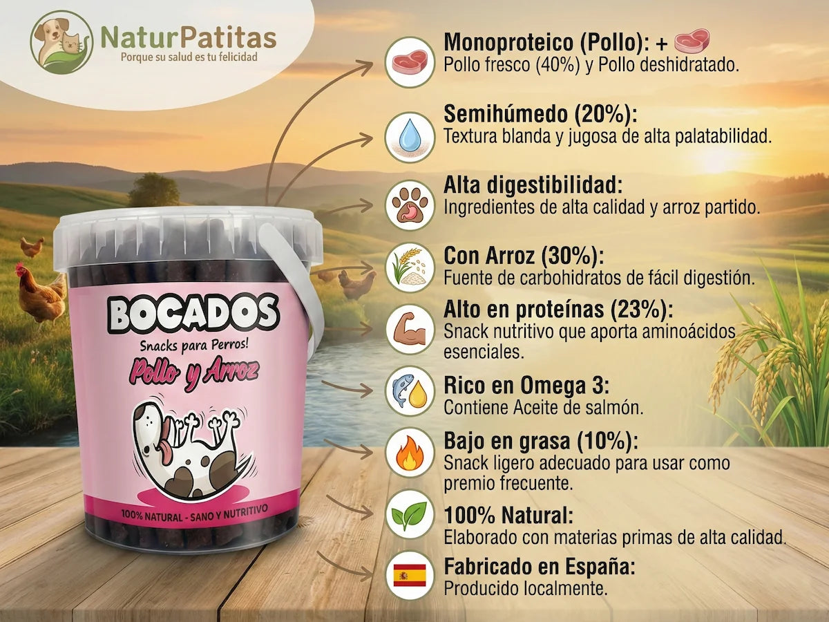 Barritas semihúmedas de Pollo fresco y Arroz para Perro bajo en grasa