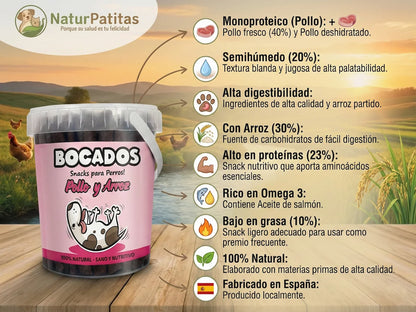 Barritas semihúmedas de Pollo fresco y Arroz para Perro bajo en grasa