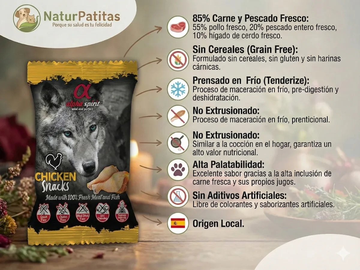 Snack semi húmedo de Pollo fresco para Perro 85% carne sin cereales