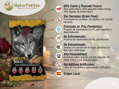 Snack semi húmedo de Pollo fresco para Perro 85% carne sin cereales