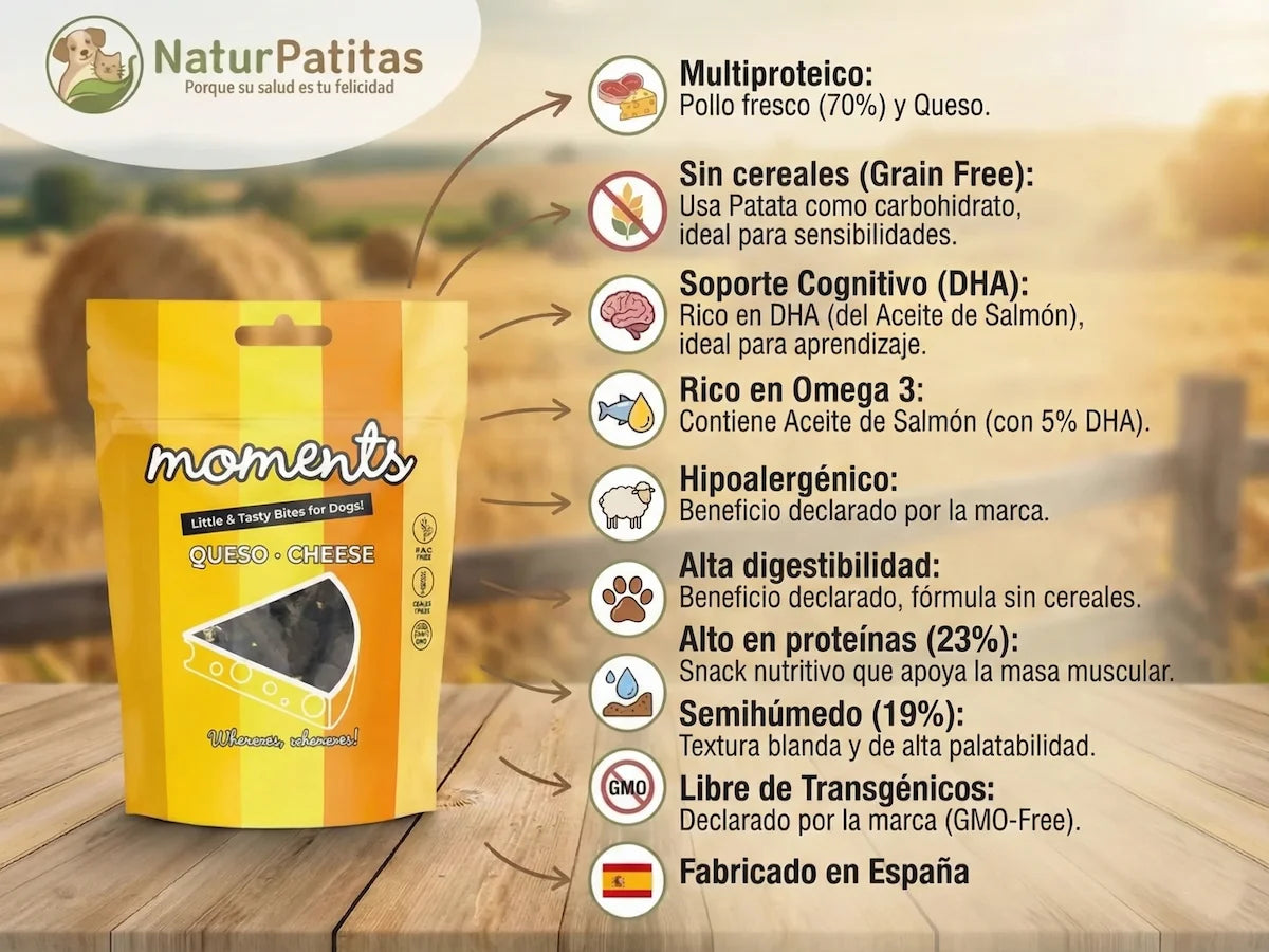 Snack natural de Pollo fresco y Queso para Perro semi húmedo sin cereales