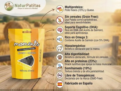 Snack natural de Pollo fresco y Queso para Perro semi húmedo sin cereales
