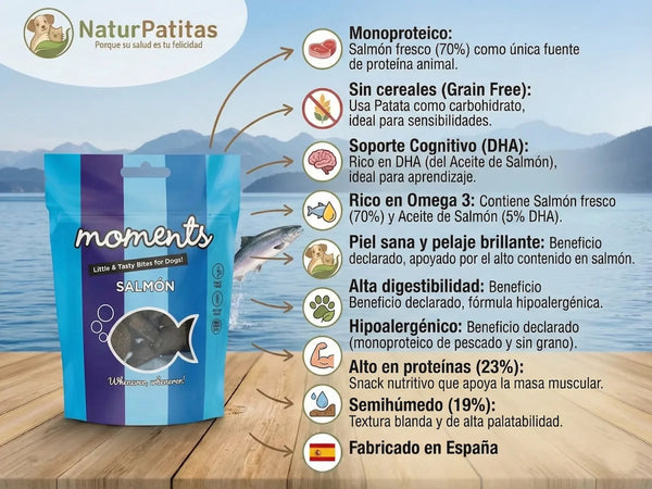 Snack Funcional Complementario de Salmón SIN CEREALES + SOPORTE COGNITIVO y PIEL y PELAJE SANO para Perro cualquier edad (también Esterilizado) y tamaño
