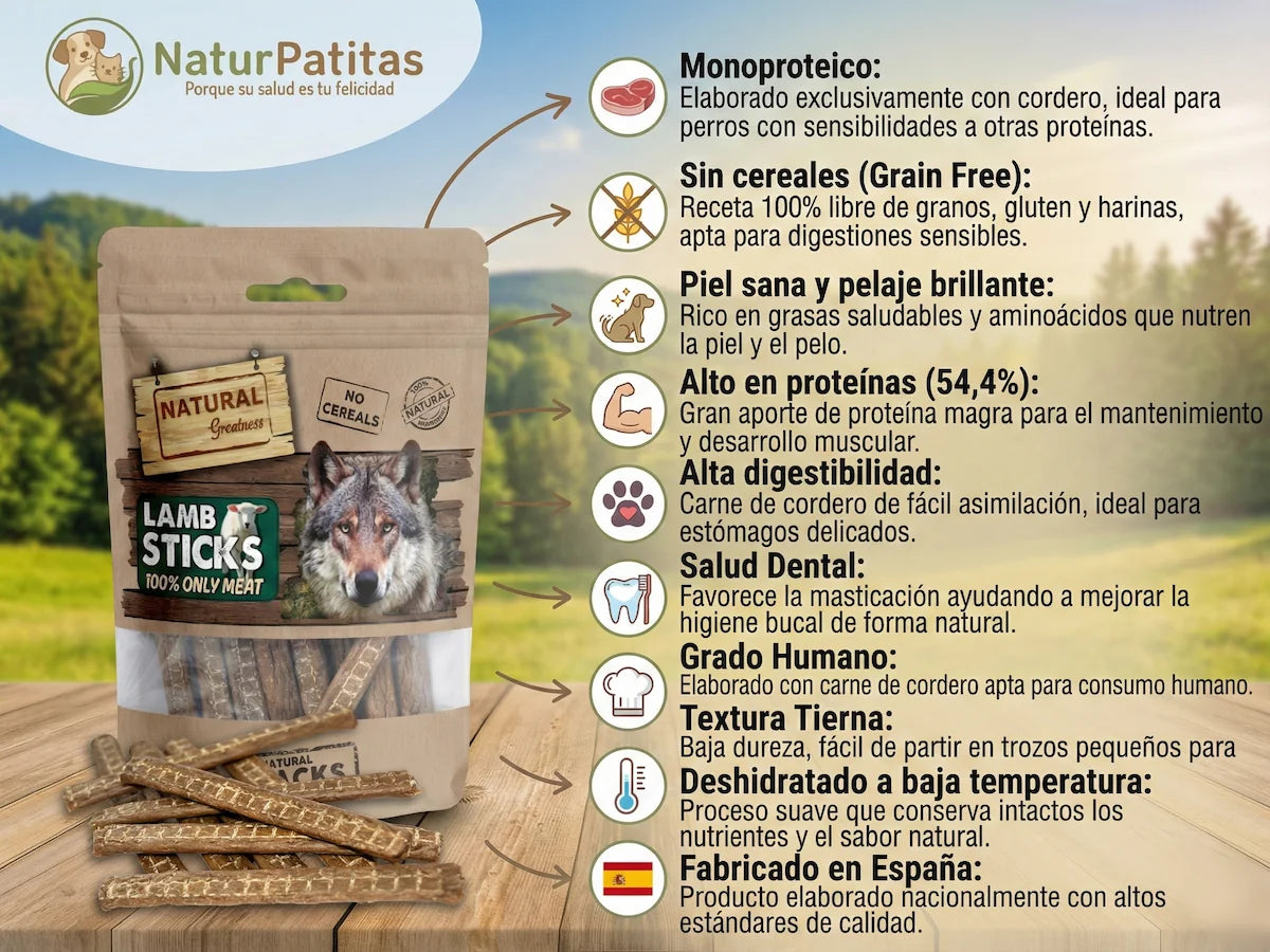 Beneficios del snack Sticks de Cordero Natural Greatness: textura tierna, alta digestibilidad y salud de piel y pelo para perros - NaturPatitas