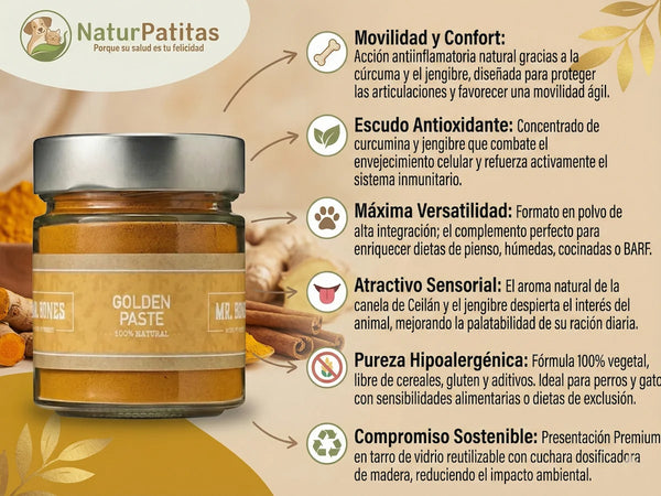 Suplemento Pasta Dorada SALUD ARTICULAR + ANTIOXIDANTES + DIGESTIÓN SUAVE + VITALIDAD + PIEL y PELAJE SALUDABLE para Perro y Gato (también Esterilizado)