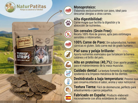 Beneficios del snack natural Tiras de Pavo Natural Greatness: 100% carne, sin cereales y alta digestibilidad para perros - NaturPatitas