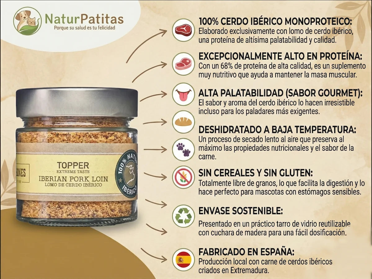 Topper natural de 100% Lomo de Cerdo Ibérico deshidratado para Perro y Gato