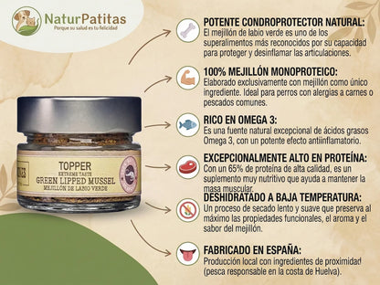 Topper natural de 100% Mejillón de labio verde deshidratado para Perro y Gato condroprotector