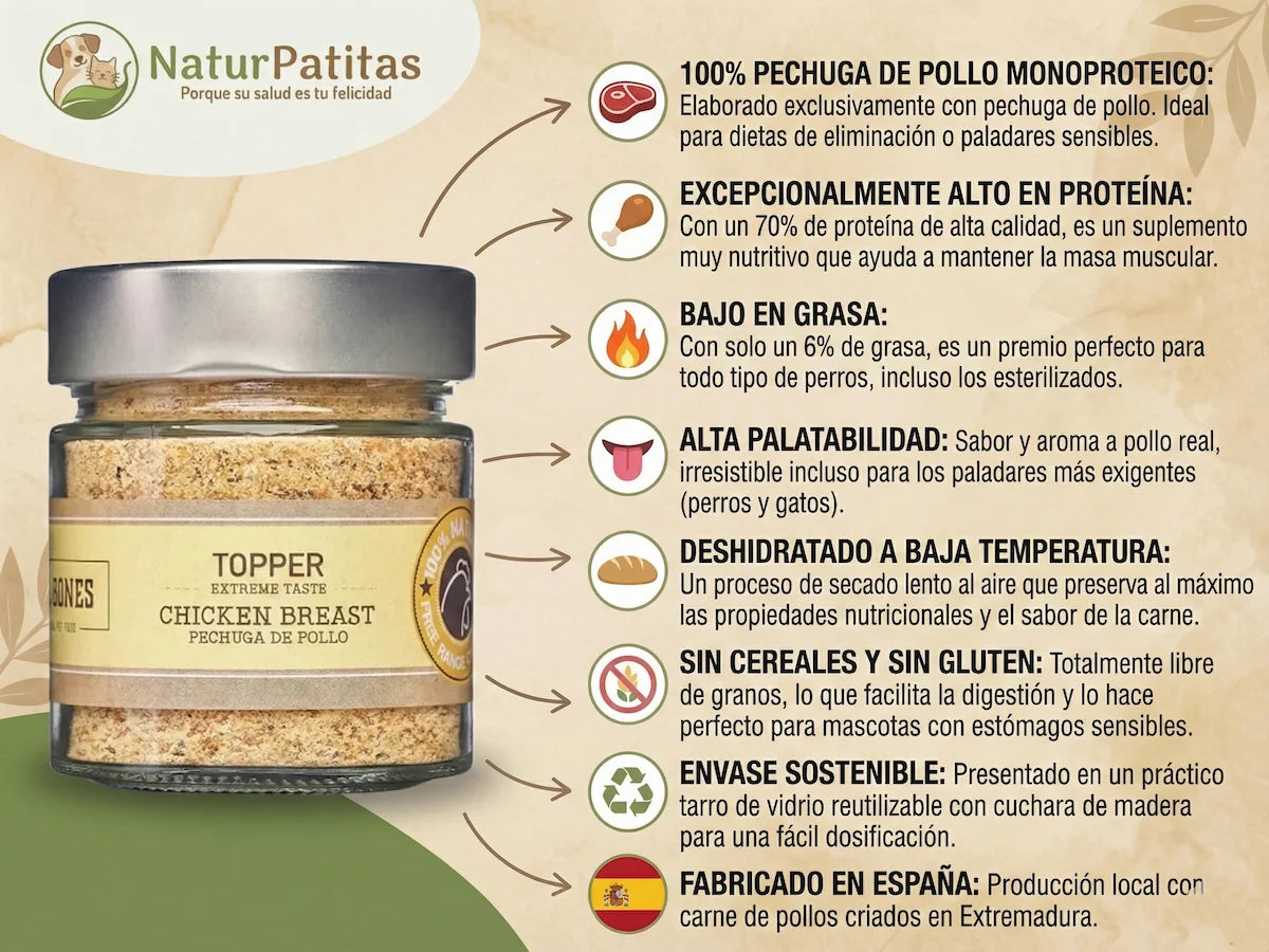Topper natural de 100% Pechuga de Pollo deshidratada para Perro y Gato