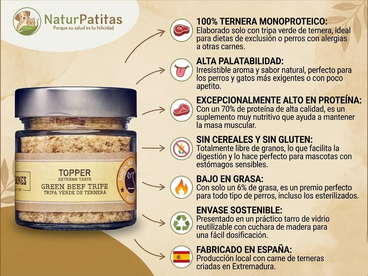 Topper natural de 100% Tripa verde de ternera deshidratada para Perro y Gato rico en probióticos