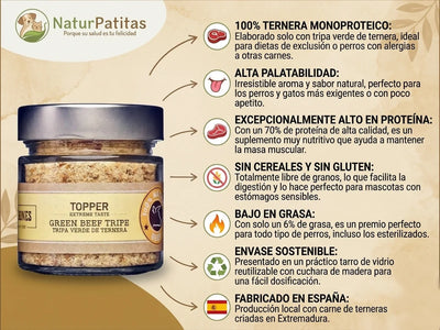Topper Complementario Funcional Aderezo de Tripa Verde de Ternera SIN CEREALES + DIGESTIÓN ACTIVA y PROTEÍNA PREMIUM para Perro y Gato (también Esterilizado)