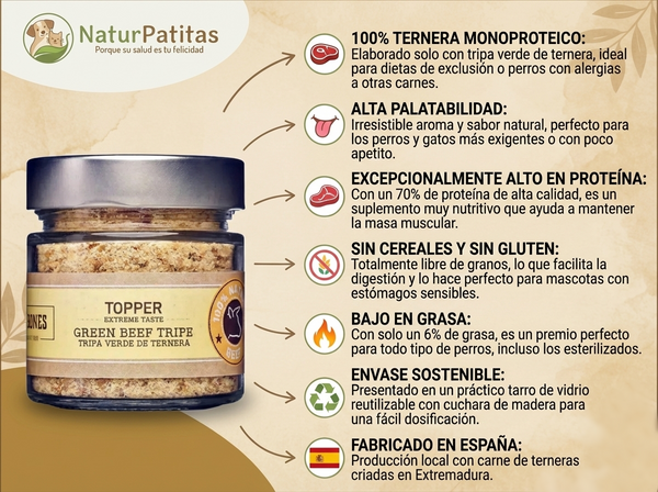 Topper Complementario Funcional Saborizante de Tripa Verde de Ternera "SIN CEREALES + SALUD DIGESTIVA & ESTIMULACIÓN APETITO" para Perro & Gato