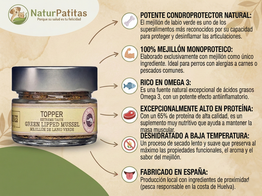 Topper Complementario Funcional Saborizante de Mejillón de Labio Verde "SIN CEREALES + SALUD ARTICULAR & ANTIINFLAMATORIO" para Perro & Gato