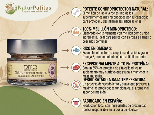 Topper Complementario Funcional Saborizante de Mejillón de Labio Verde "SIN CEREALES + SALUD ARTICULAR & ANTIINFLAMATORIO" para Perro & Gato