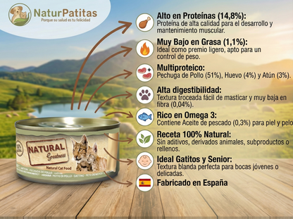 Topper Complementario Comida Real de Pollo, Huevo y Atún "BAJO EN CEREALES + DESARROLLO MUSCULAR & CONTROL DE PESO" para Gato Gatito/Adulto/Senior y Esterilizado