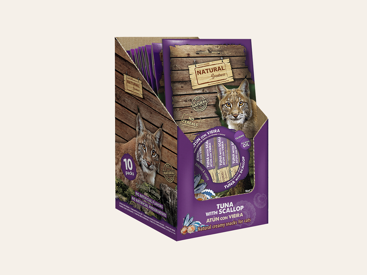 Snack/Topper Complementario Cremoso de ATÚN y VIEIRA "SIN CEREALES + FUNCIÓN CEREBRAL & PIEL SANA" para Gato cualquier edad