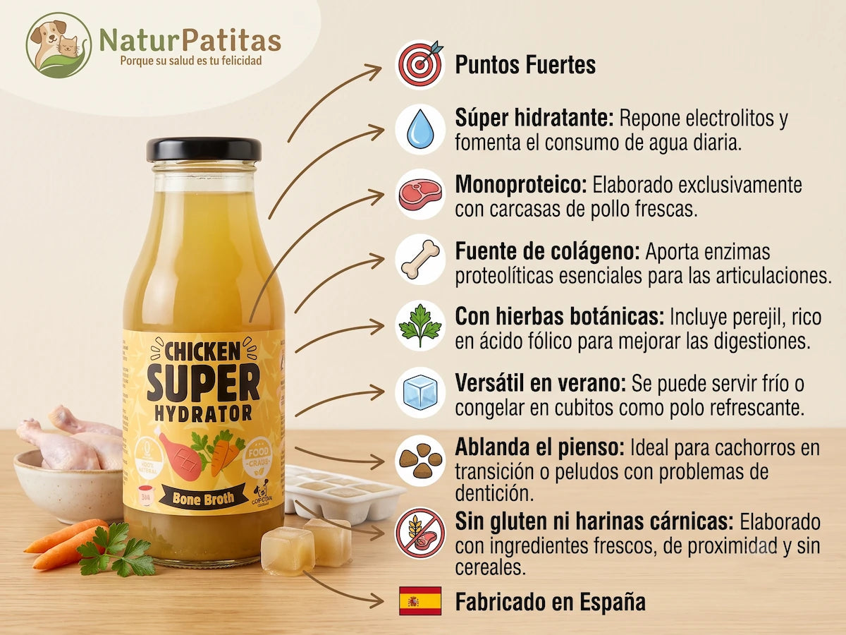 Caldo de carcasas de pollo y vegetales SIN CEREALES + HIDRATACIÓN y PROTECCIÓN ARTICULAR para Perro y Gato cachorro/gatito, junior, adulto y senior (también Esterilizado)