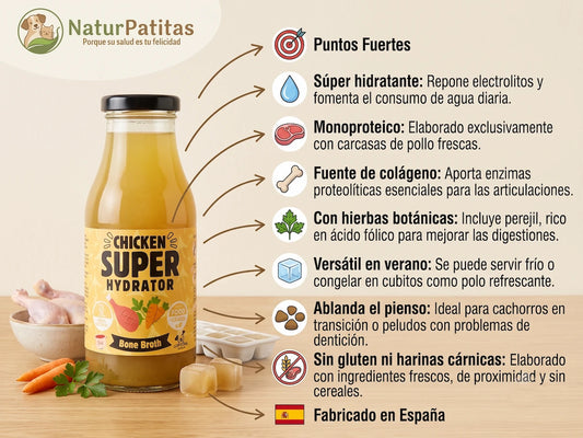 Caldo de carcasas de pollo y vegetales SIN CEREALES + HIDRATACIÓN y PROTECCIÓN ARTICULAR para Perro y Gato cachorro/gatito, junior, adulto y senior (también Esterilizado)