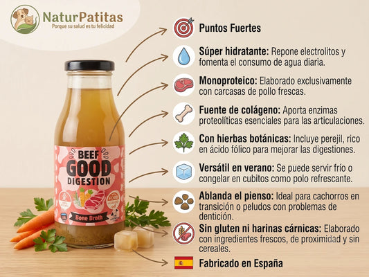 Caldo de huesos de ternera y vegetales SIN CEREALES + HIDRATACIÓN y PROTECCIÓN ARTICULAR para Perro y Gato cachorro/gatito, junior, adulto y senior (también Esterilizado)