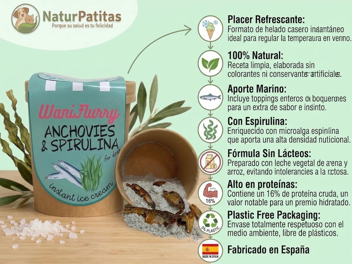 Tarrina de helado natural para perros y gatos sabor boquerones y espirulina de Waniyanpi, con ingredientes 100% naturales y envase sin plástico.