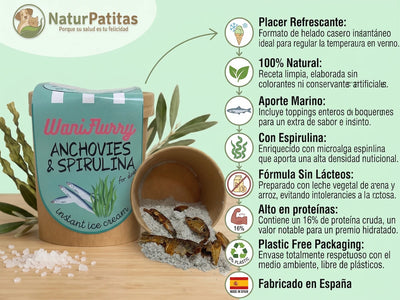 Tarrina de helado natural para perros y gatos sabor boquerones y espirulina de Waniyanpi, con ingredientes 100% naturales y envase sin plástico.
