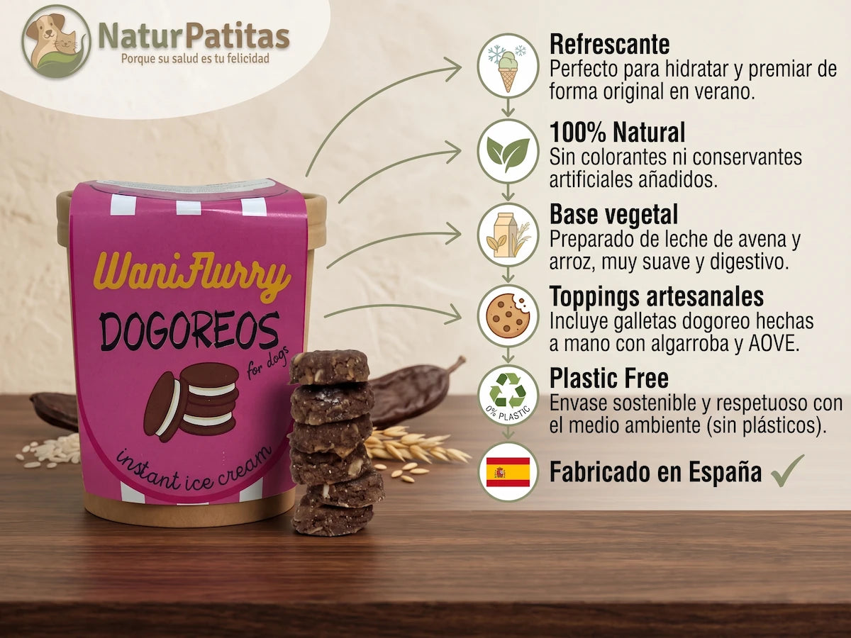Infografía del helado instantáneo 'WaniFlurry DOGOREOS' para perros de la marca 'NaturPatitas'. A la izquierda, se muestra una tarrina rosa del producto con un diseño de rayas y el texto 'DOGOREOS for dogs instant ice cream', junto con una torre de cinco galletas de chocolate físicas y granos de arroz y espigas de trigo dispersos sobre una mesa de madera oscura. En la esquina superior izquierda está el logotipo de NaturPatitas. A la derecha, una columna de iconos y texto descriptivo, conectados por flechas 